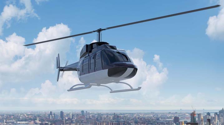 A flying helicopter in clear blue sky